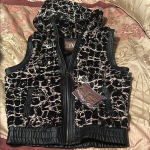 YMI Black and Cream animal print Faux Fur Hooded Vest